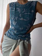 Load image into Gallery viewer, 100% Silk Paisley Floral Beaded Teal Sultry Top (XS-M)
