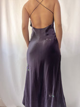 Load image into Gallery viewer, 100% Silk Charmeuse Bias Cut Eggplant Purple Backless Gown with Beaded Detailing (XS-M)
