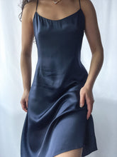 Load image into Gallery viewer, 100% Silk Charmeuse 1990’s Vintage Navy Slip Dress (M/L)
