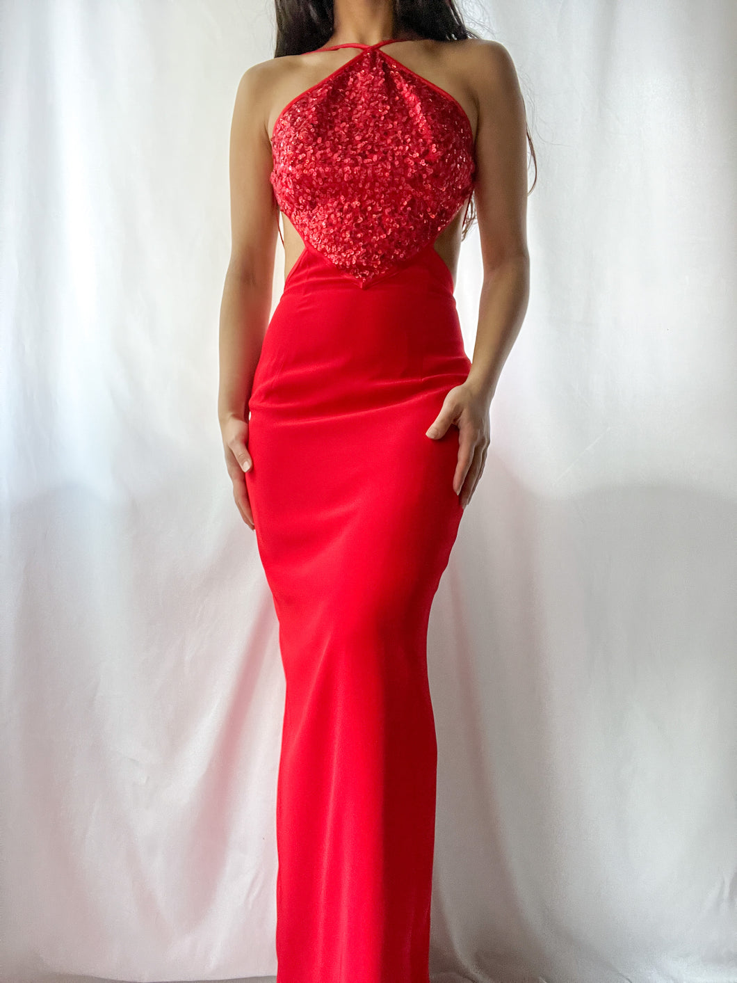 90’s Caché Ruby Sequin Backless Halter Gown (XS-S)