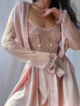 Load image into Gallery viewer, Y2K Blush Satin Mesh Embroidered Duster &amp; Mini Slip Set (S/M)
