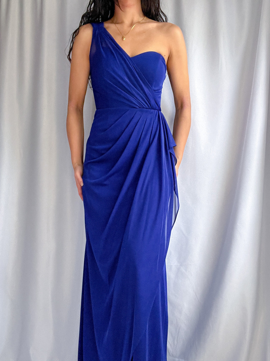 90’s Y2K Cascading Royal Blue Evening Gown– Made in USA (XS-S)