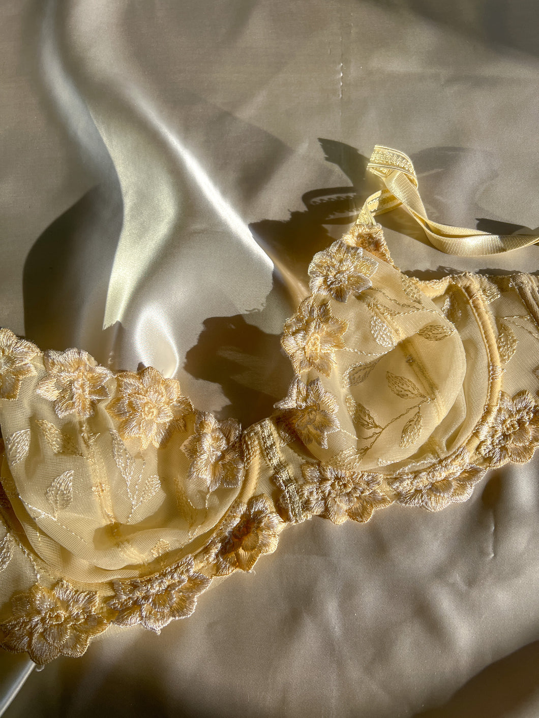 Y2K Buttercream Yellow Embroidered Sheer Floral Lace Bra