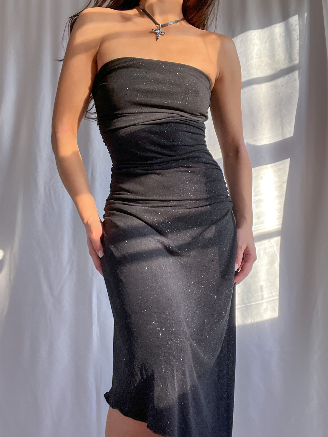 90’s Sparkling Strapless Bodycon Dress with Asymmetrical Hem– Made in USA (XS-M)