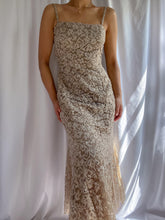 Load image into Gallery viewer, 2 Piece Pearl Beaded Lace Overlay Taupe Formal Gown &amp; Bolero Top (XS-S)
