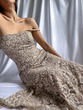 Load image into Gallery viewer, 2 Piece Pearl Beaded Lace Overlay Taupe Formal Gown &amp; Bolero Top (XS-S)

