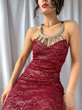 Load image into Gallery viewer, Early 2000’s Maroon &amp; Gold Metallic Cocktail Dress with Bedazzled Chest Piece– Made in USA (M-L)
