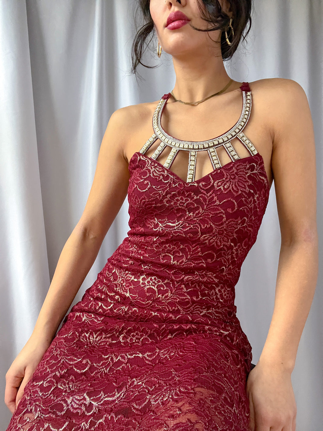 Early 2000’s Maroon & Gold Metallic Cocktail Dress with Bedazzled Chest Piece– Made in USA (M-L)