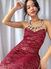 Load image into Gallery viewer, Early 2000’s Maroon &amp; Gold Metallic Cocktail Dress with Bedazzled Chest Piece– Made in USA (M-L)
