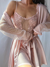 Load image into Gallery viewer, Y2K Blush Satin Mesh Embroidered Duster &amp; Mini Slip Set (S/M)
