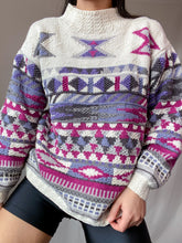 Load image into Gallery viewer, 80&#39;s Vintage Geometric Magenta Knit Ski Sweater (XS-M)
