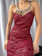 Load image into Gallery viewer, Early 2000’s Maroon &amp; Gold Metallic Cocktail Dress with Bedazzled Chest Piece– Made in USA (M-L)
