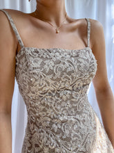 Load image into Gallery viewer, 2 Piece Pearl Beaded Lace Overlay Taupe Formal Gown &amp; Bolero Top (XS-S)
