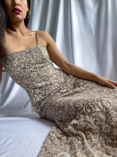 Load image into Gallery viewer, 2 Piece Pearl Beaded Lace Overlay Taupe Formal Gown &amp; Bolero Top (XS-S)
